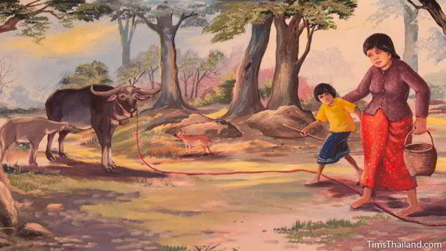 Buddhist temple mural painting of woman stepping over a rope securing a buffalo.