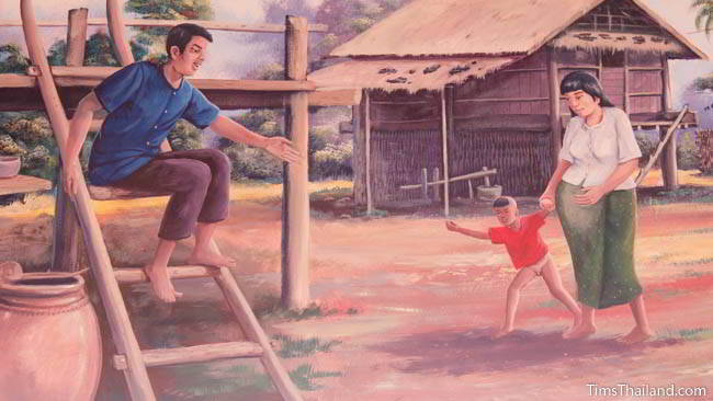 Buddhist temple mural painting of family outside their home.