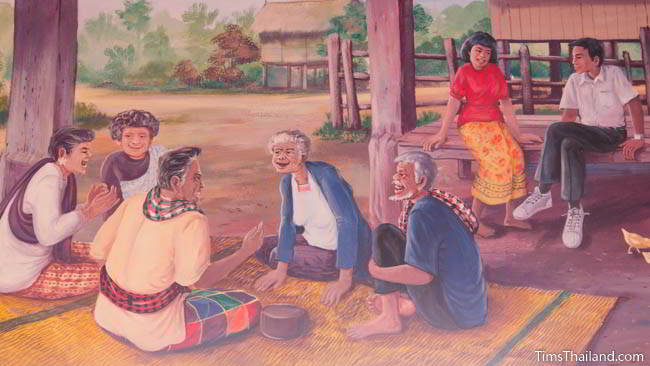 Buddhist temple mural painting of people sitting and chatting.