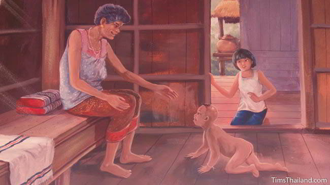 Buddhist temple mural painting of grandma and grandchildren.