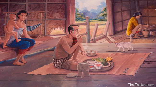 Buddhist temple mural painting of family eating at home.