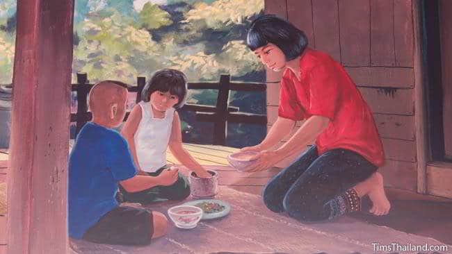 Buddhist temple mural painting of children eating.