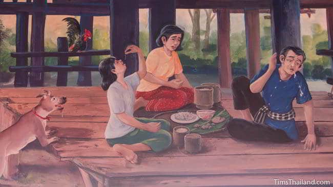 Buddhist temple mural painting of people eating.