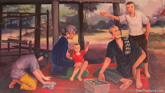 Buddhist temple mural painting of people relaxing next to their home.