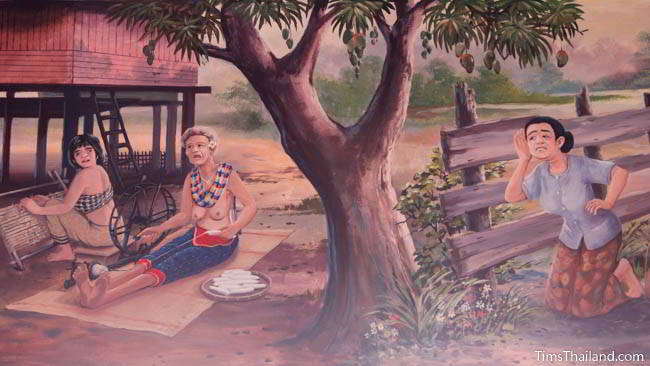 Buddhist temple mural painting of woman tying a mut mee silk pattern.