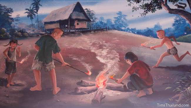 Buddhist temple mural painting of children playing with fire.