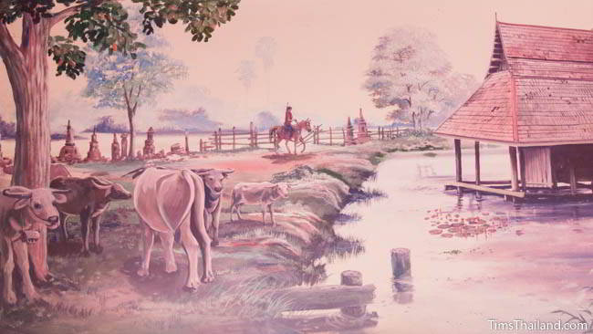 Buddhist temple mural painting of cows at a temple.