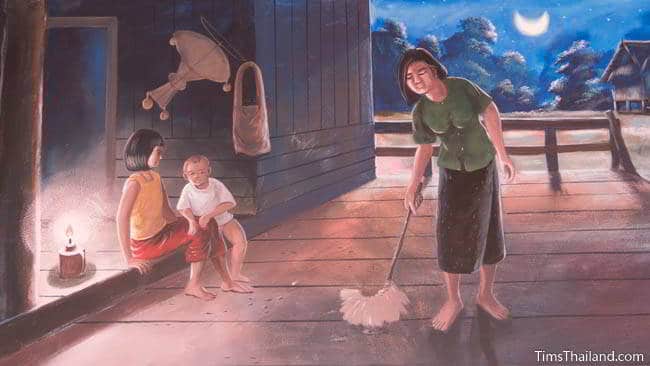 Buddhist temple mural painting of woman sweeping the floor.