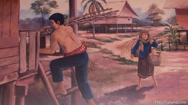 Buddhist temple mural painting of man carrying wood.