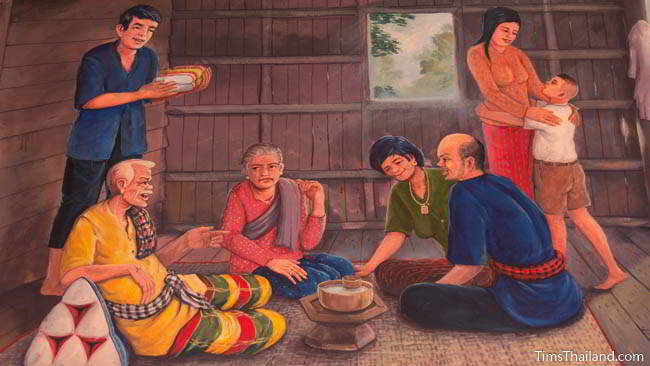 Buddhist temple mural painting of people in their home.