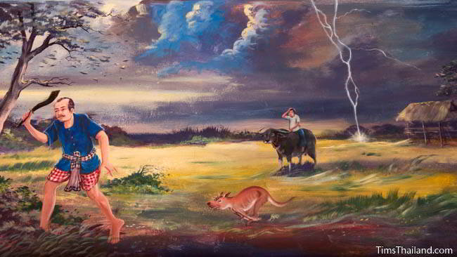 Buddhist temple mural painting of workers in a rice field and a lightning strike.