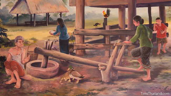 Buddhist temple mural painting of women working at home in a village.