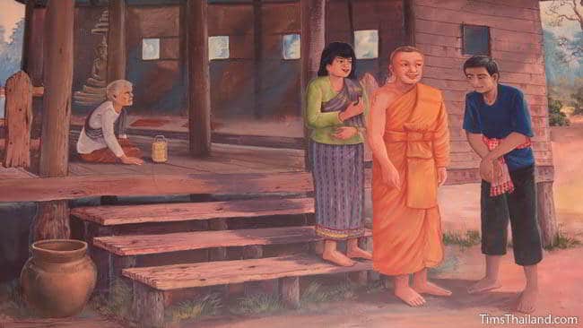 Buddhist temple mural painting of a monk at somebody's home.