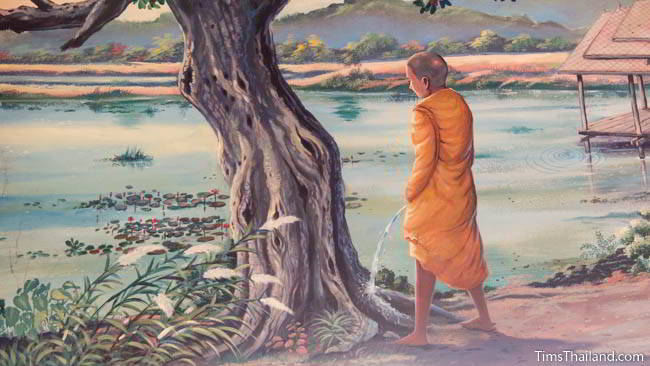 Buddhist temple mural painting of monk peeing on a tree.