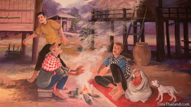 Buddhist temple mural painting of people sitting around a fire.