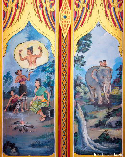 Nang Phom Hom story painted on doors at Wat Nong Wang