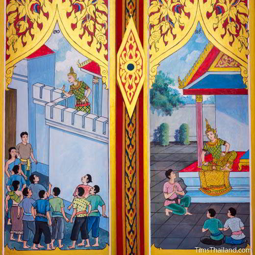 Nang Phom Hom story painted on window shutters at Wat Nong Wang