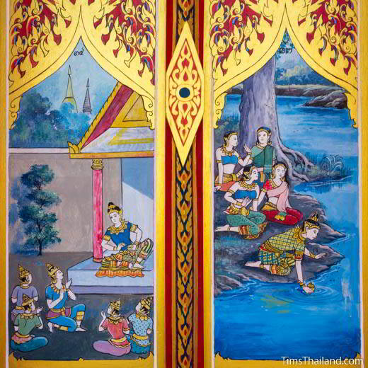 Nang Phom Hom story painted on window shutters at Wat Nong Wang