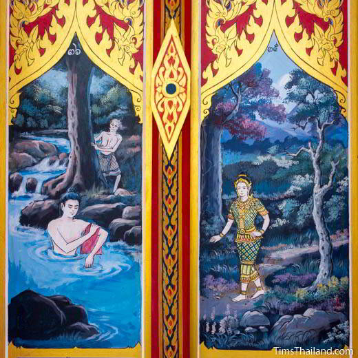 Nang Phom Hom story painted on window shutters at Wat Nong Wang