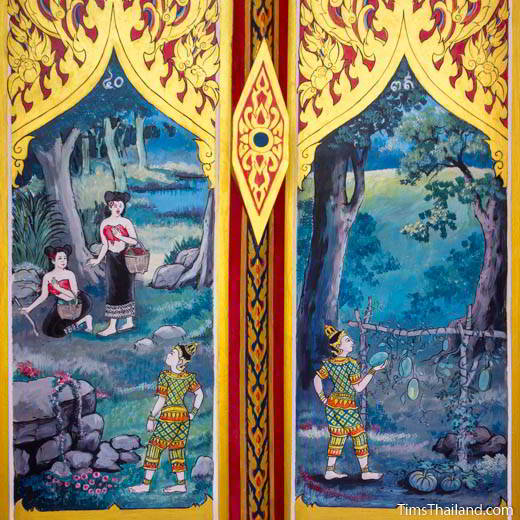 Nang Phom Hom story painted on window shutters at Wat Nong Wang