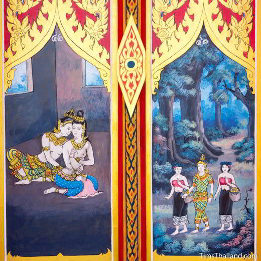 Nang Phom Hom story painted on window shutters at Wat Nong Wang