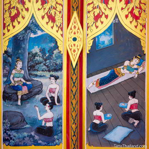 Nang Phom Hom story painted on window shutters at Wat Nong Wang