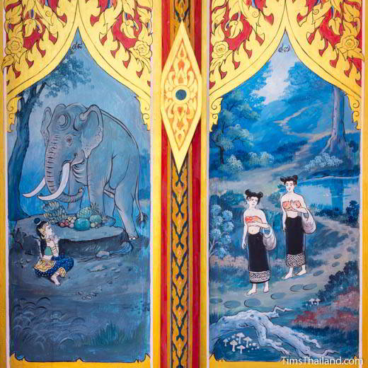 Nang Phom Hom story painted on window shutters at Wat Nong Wang