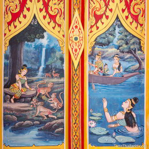 Nang Phom Hom story painted on window shutters at Wat Nong Wang