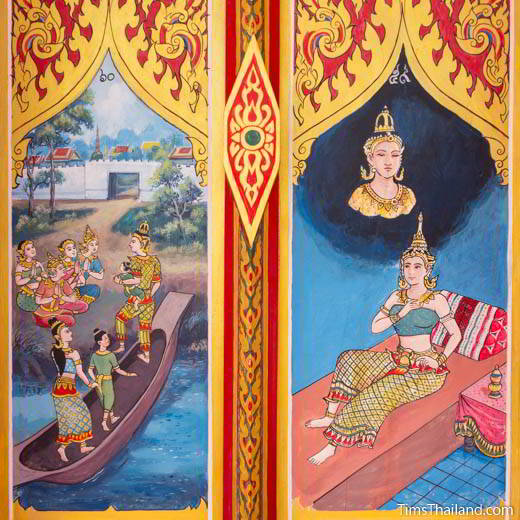 Nang Phom Hom story painted on window shutters at Wat Nong Wang