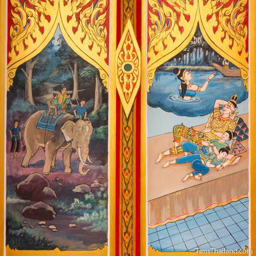 Nang Phom Hom story painted on window shutters at Wat Nong Wang