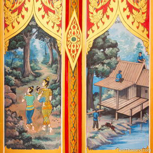 Nang Phom Hom story painted on window shutters at Wat Nong Wang