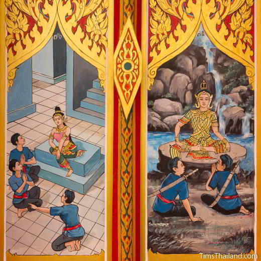 Nang Phom Hom story painted on window shutters at Wat Nong Wang