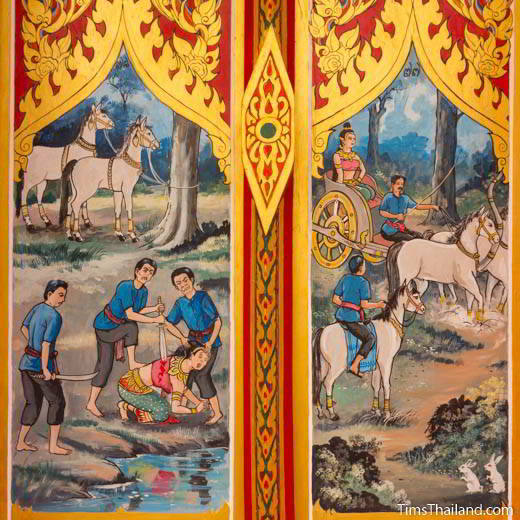 Nang Phom Hom story painted on window shutters at Wat Nong Wang