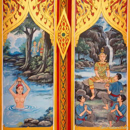 Nang Phom Hom story painted on window shutters at Wat Nong Wang