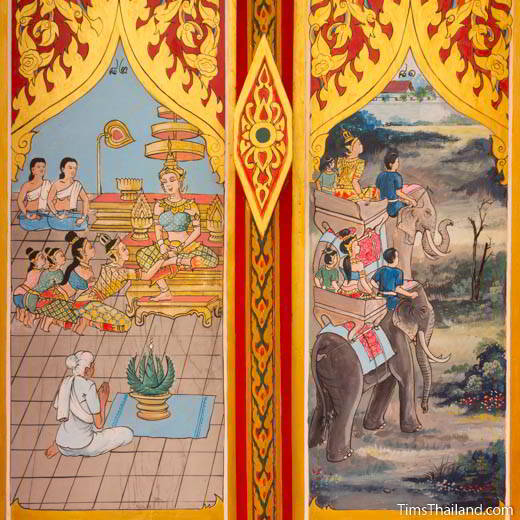 Nang Phom Hom story painted on window shutters at Wat Nong Wang