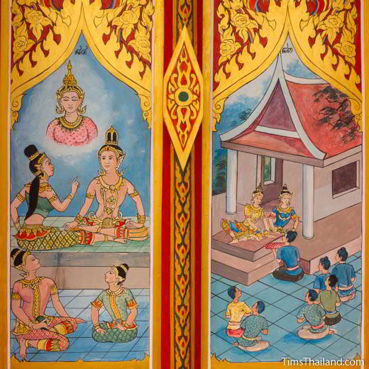 Nang Phom Hom story painted on window shutters at Wat Nong Wang