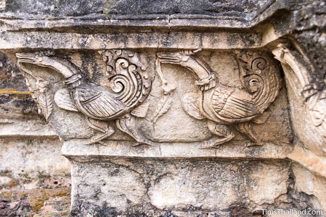 stucco swans at prang wat chulamani khmer ruin