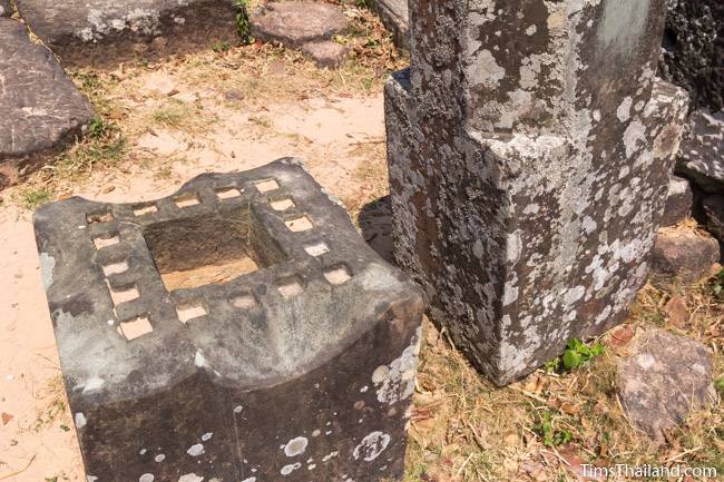 receptacle for auspicious items and shiva linga at Phra That Phu Phek Khmer ruin