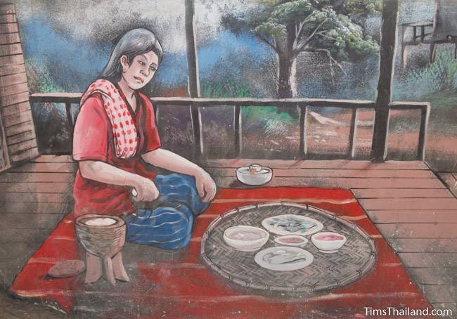 picture of woman eating on Wat Pho Nontan meditation hall