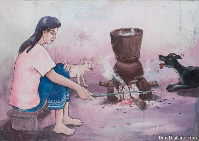 picture of woman cooking fish on Wat Pho Nontan meditation hall