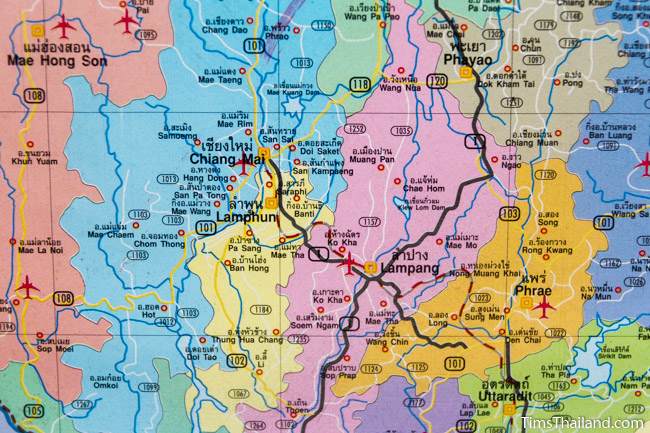 close up shot of Thailand map showing Chiang Mai and around