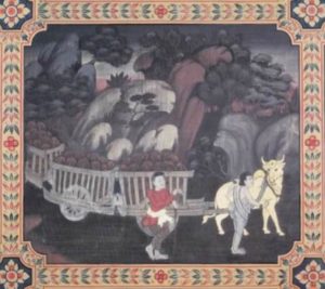 the Bodhisatta, as an ox, pulling loaded carts