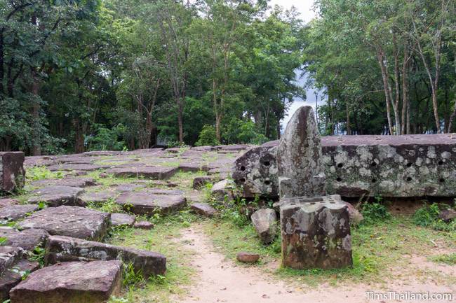 receptacle for auspicious items and shiva linga and view to east at Phra That Phu Phek Khmer ruin