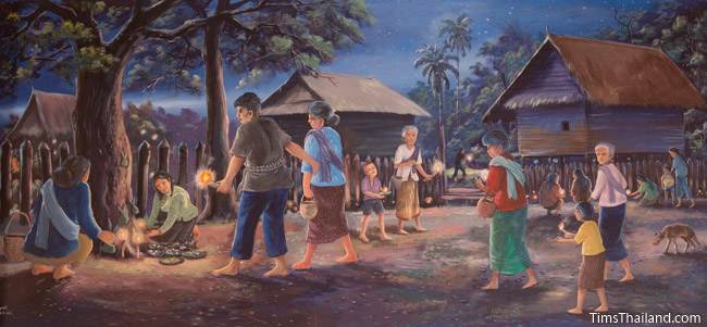 mural of Boon Khao Pradip Din tradition