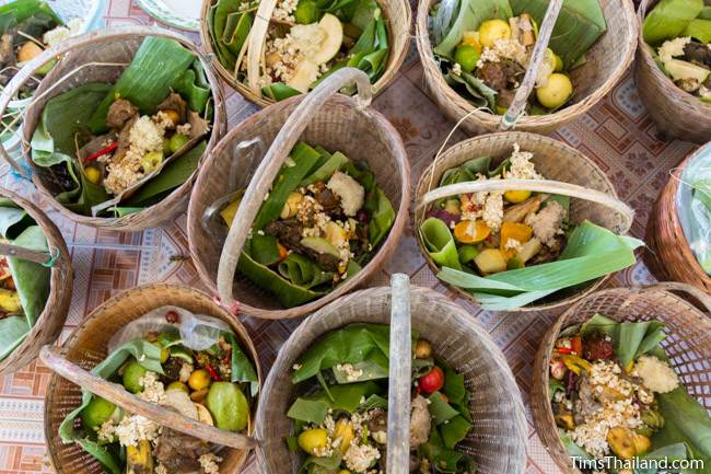 food in rattan baskets