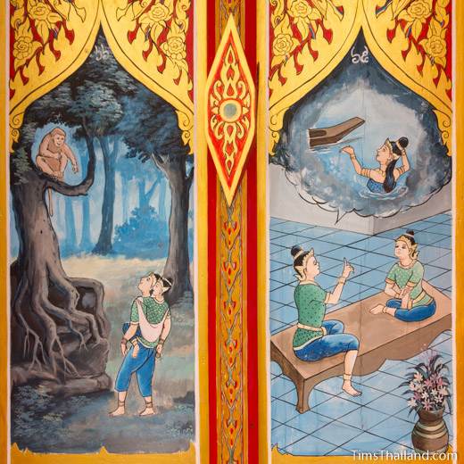 Nang Phom Hom story painted on window shutters at Wat Nong Wang