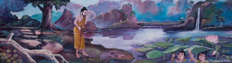 Vessantara Jataka mural of Prince Vessantara looking for his children who are hiding under lotus leaves
