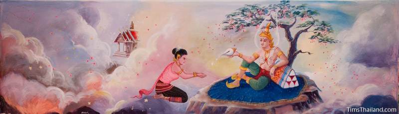 Vessantara Jataka mural of Indra giving Prince Vessantara's mother a blessing in heaven