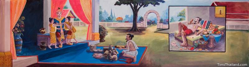 Vessantara Jataka mural of the king reunited with his grandchildren and Jujaka eating