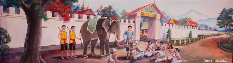 Vessantara Jataka mural of Prince Vessantara giving away his elephant